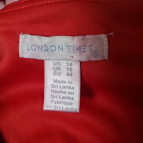 London Times Red Fit & Flare Dress Shoulder Detail Knee Length V Neck Size 14 - Picture 14 of 14